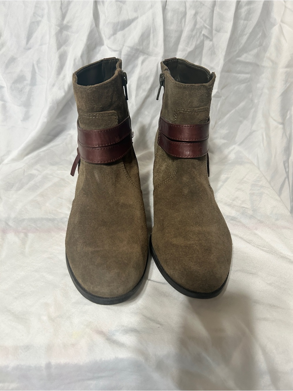 Alex Marie Olive Suede Ankle Boots with Burgundy Strap